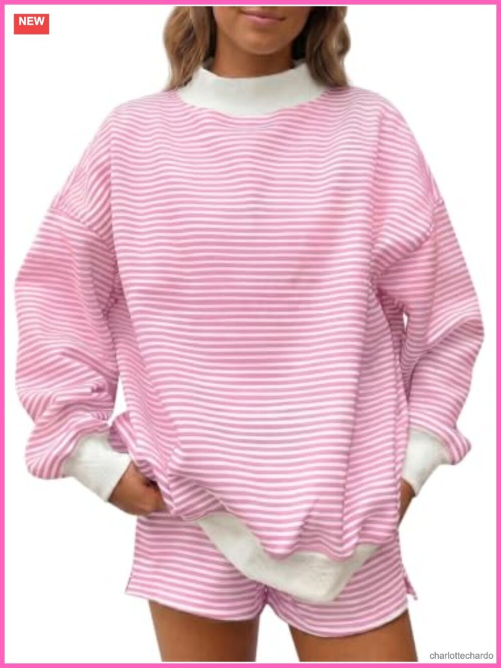 Women's Striped 2 Piece Lounge Set Mock Neck Long Sleeve High Waisted Shorts